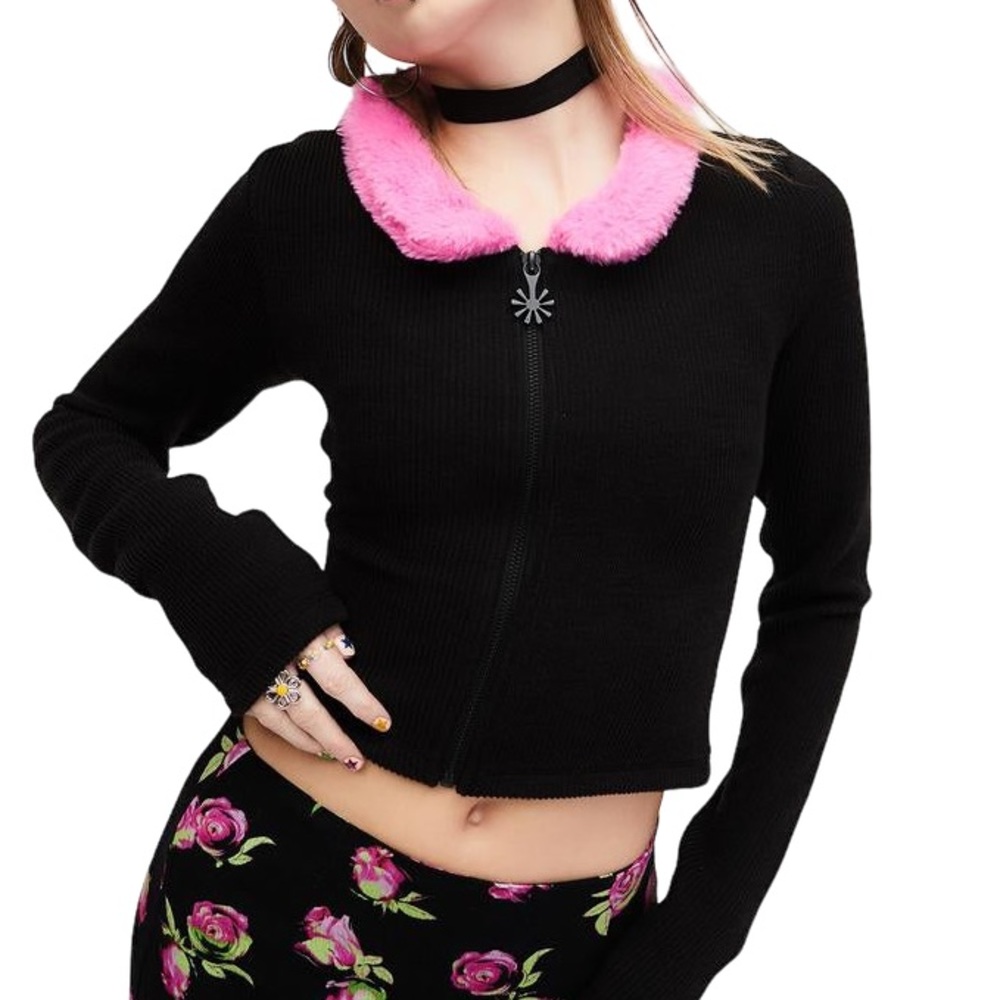 Faux Fur Collar Zip-Up Sweater